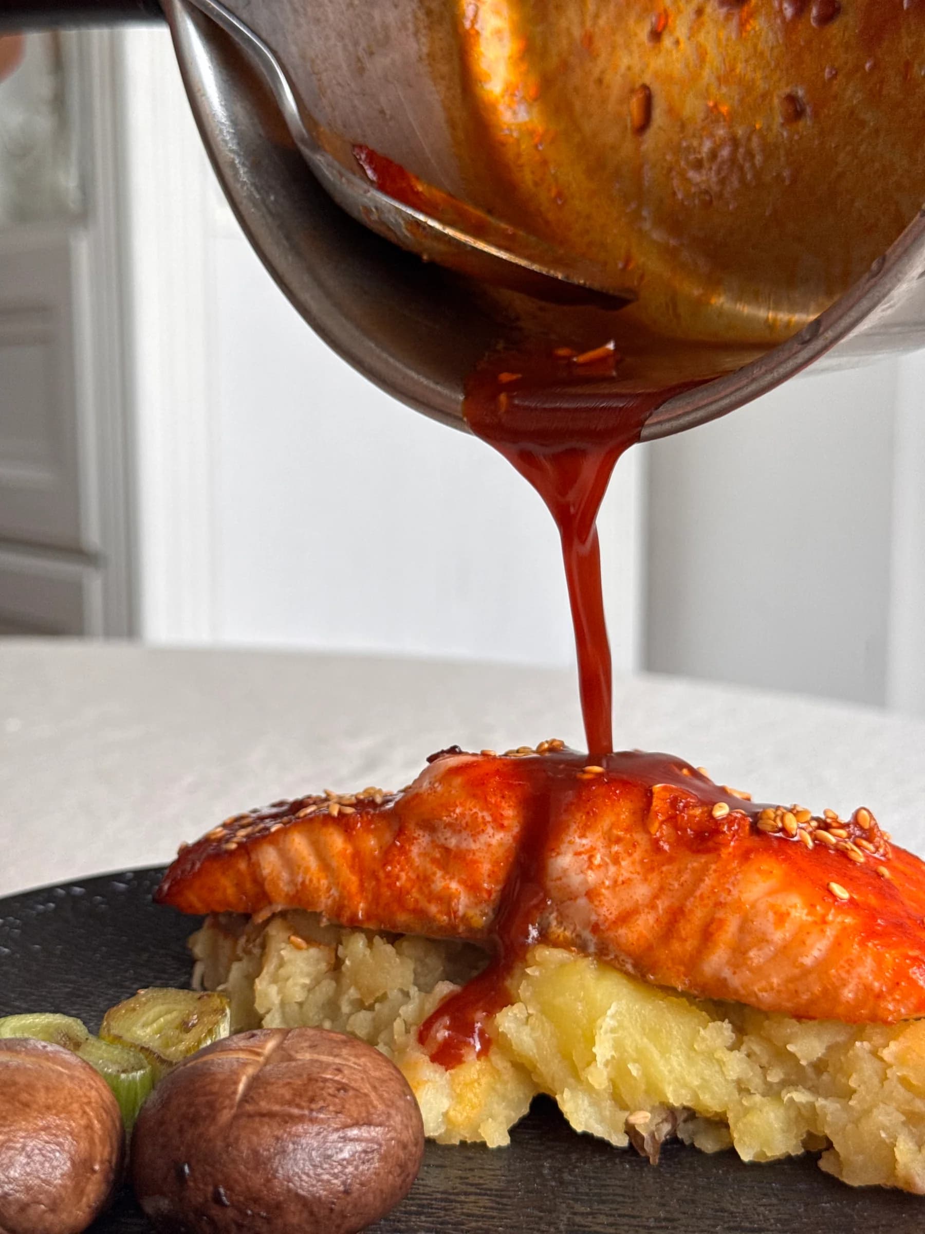 Gochujang salmon finished with sauce for household lunch