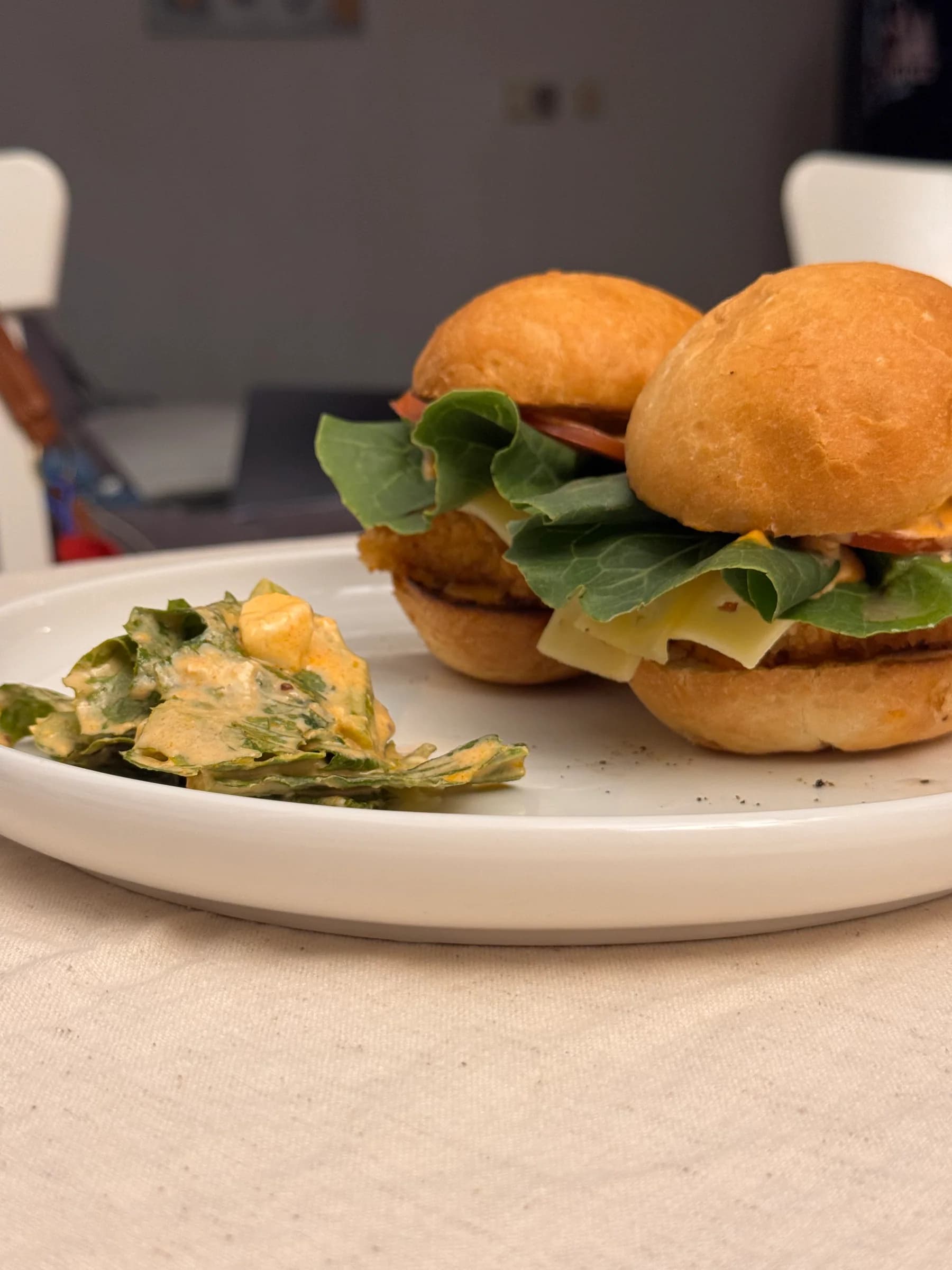 Chicken burger with salad prepared for household lunch