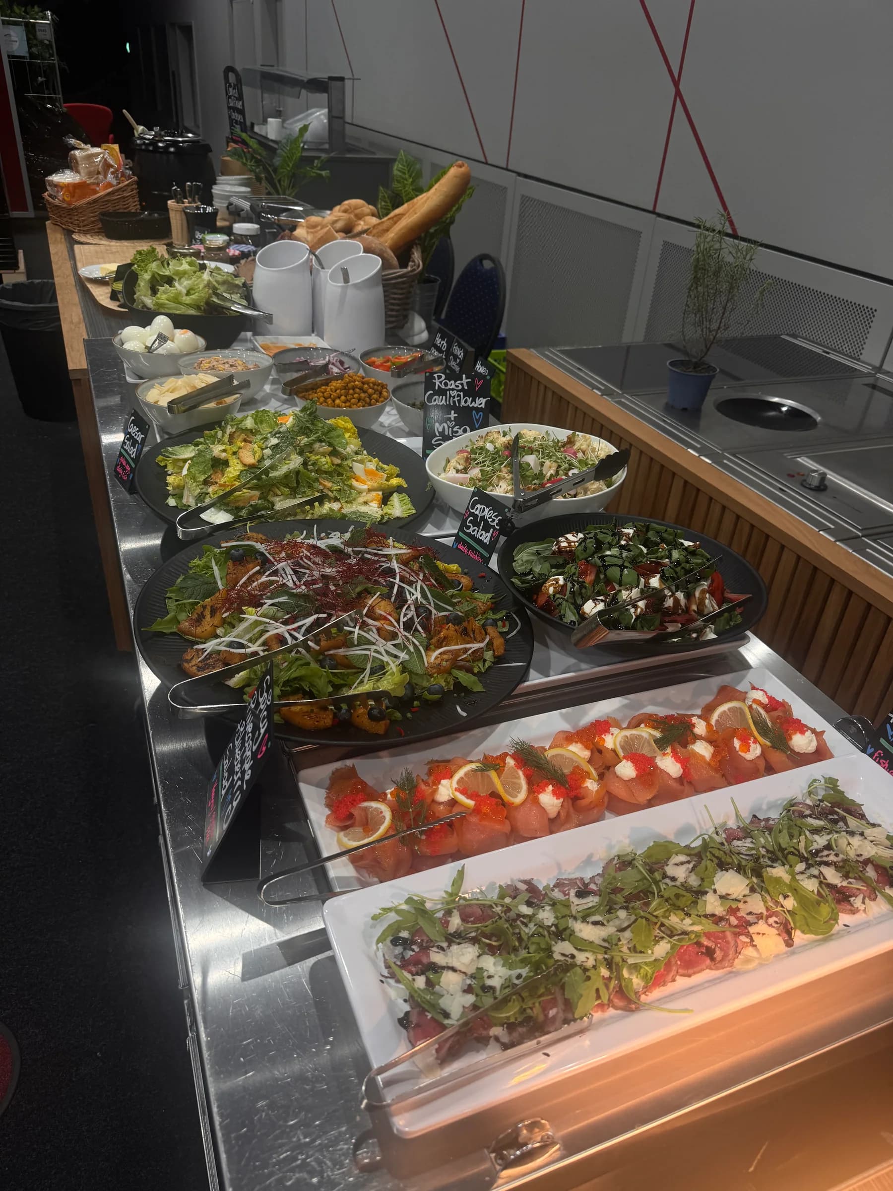 Finished fish and vegetable platters for rock touring catering