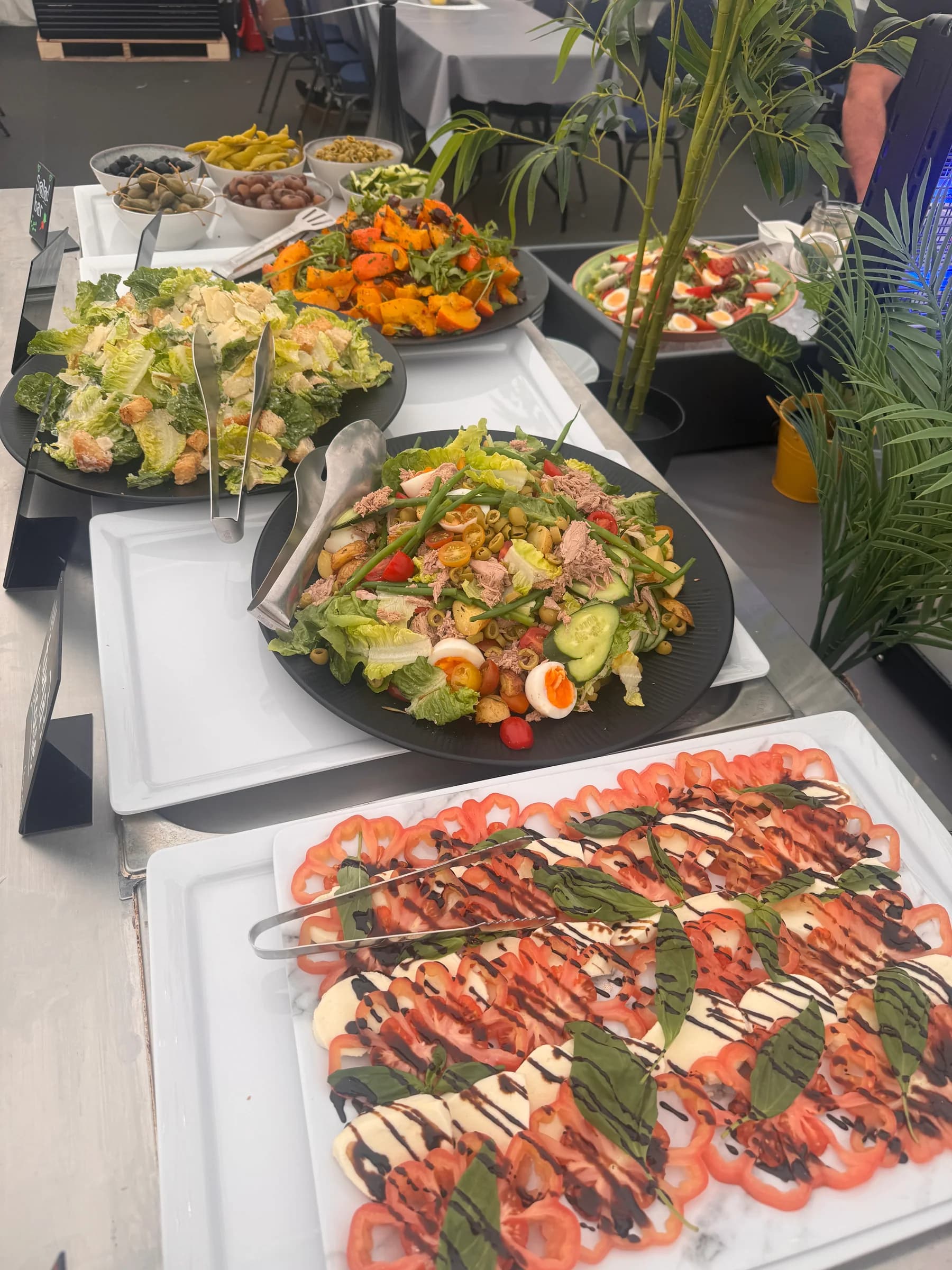 Finished salmon platter prepared for touring buffet service